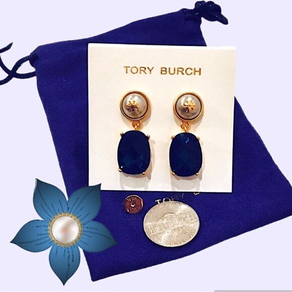 TORY BURCH KIRA LOGO BLUE ZIRCONIA AND FAUX PEARL - Picture 1 of 3